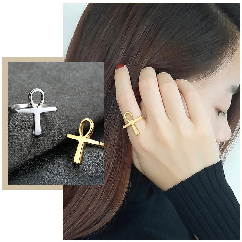 

Simple Ankh Egyptian Cross Rings for Women Gold and Silver Color Stainless Steel Key of Life Wedding Anniversary Gifts Jewelry
