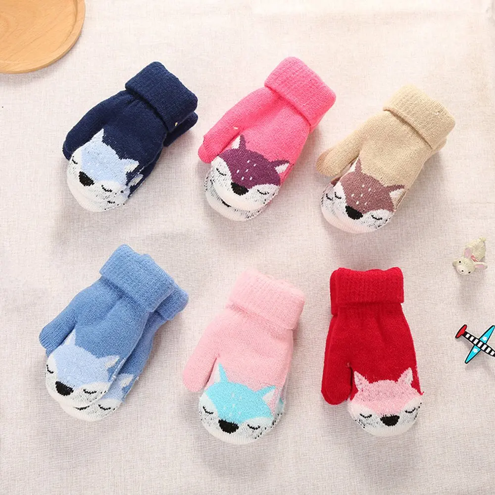 

1Pair Plush Gloves Cartoon Warm Knitted Gloves Wool Thick Double Layer Finger Mitten for Boys Girls Winter Outdoor Accessories