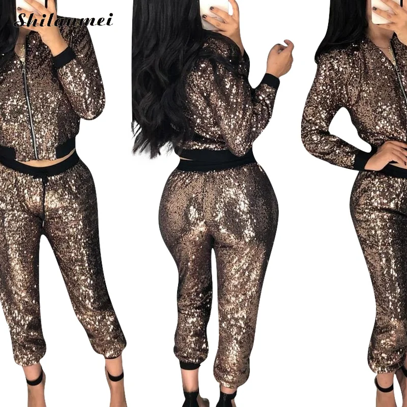 

Sequin Women Sweatsuits Solid Female Shining Style Zipper Sexy Tracksuits Casual Two Piece Pants Set Women Sparkly Clubwear Gold