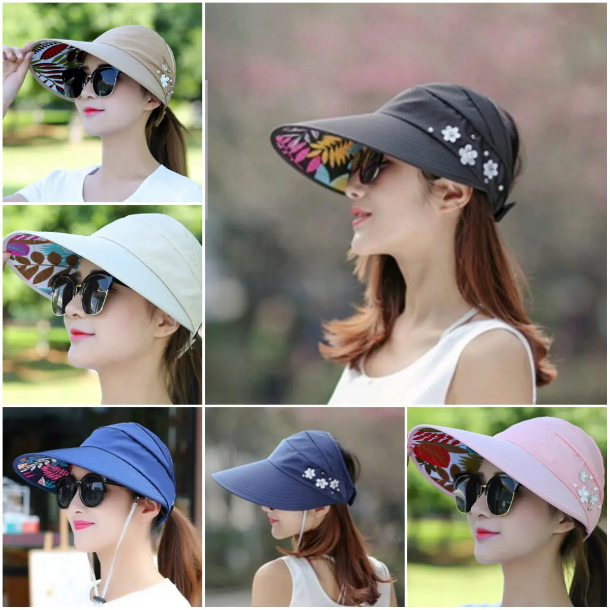 

1pc Fashion Wide Brim Beach Hat Protection Female Caps Women For Summer Pearl Packable Sun Visor Hat With Big Heads Sun Hats
