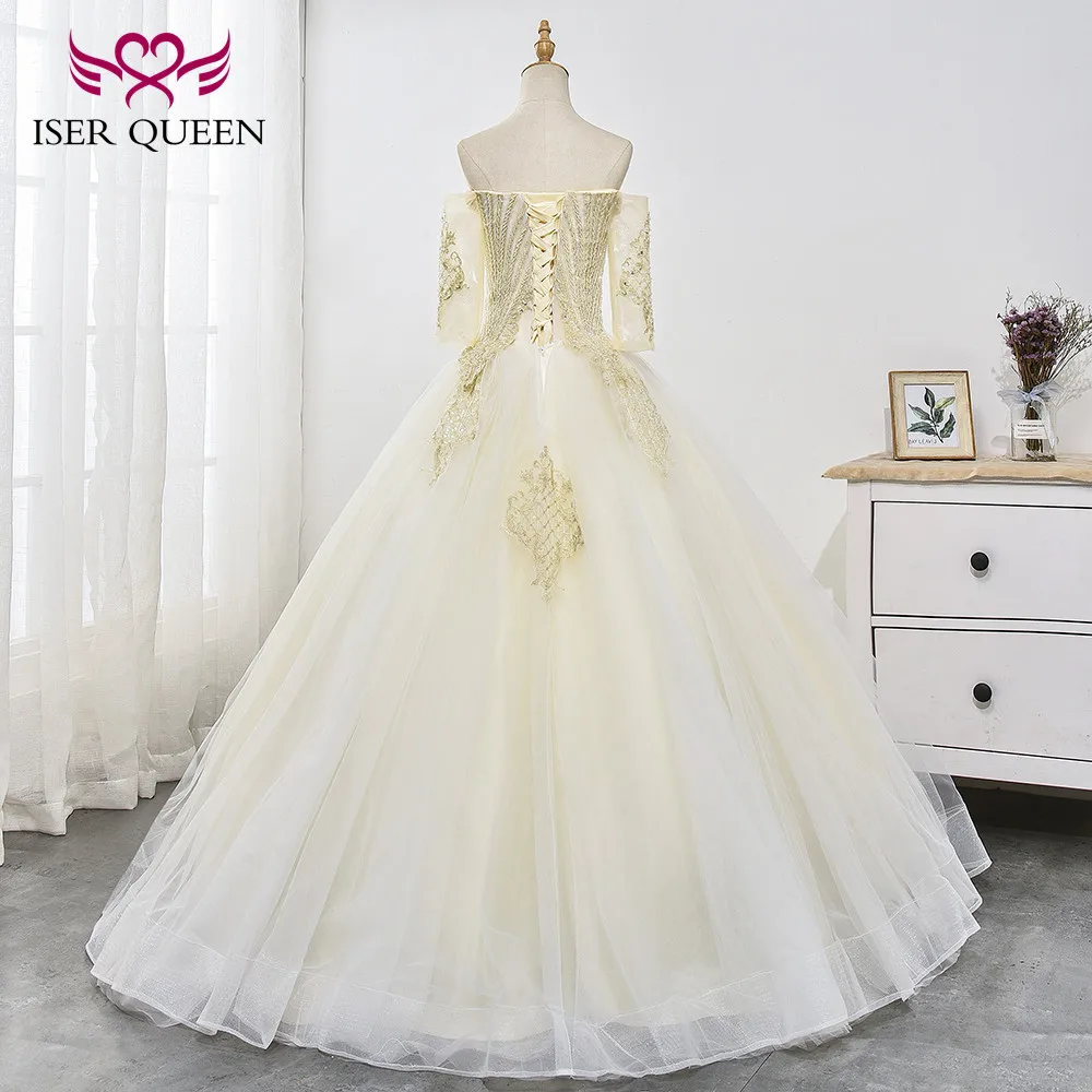 Luxury Half Sleeves Delicate Embroidery Sequined Beading Ball Gown Wedding Dress Lace up Ivory ashley carol Princess WX0025 | Свадьбы и