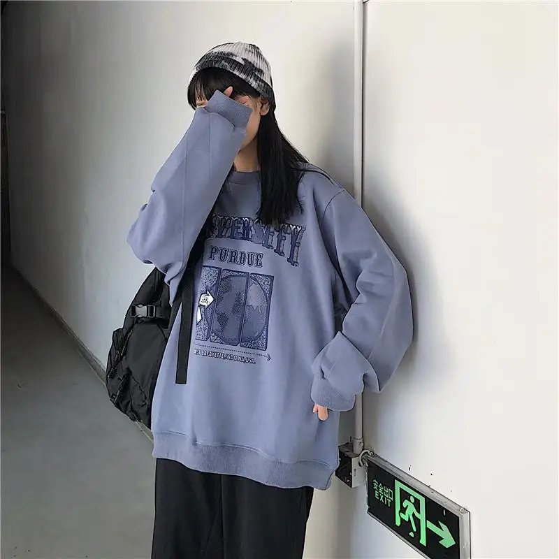 

Autumn Vintage Clothes oversized Female Sweatshirt Harajuku hoodie Letter Earth print Loose O-Neck Pullovers streetwear top bar