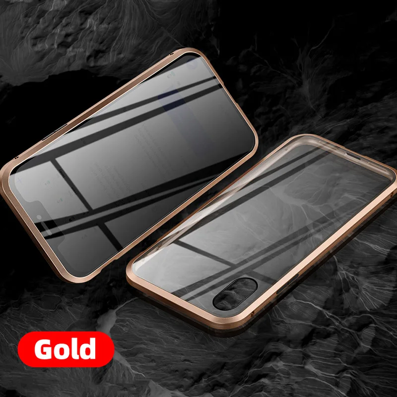 Gold Защитный Магнитный чехол из закаленного стекла для iPhone 11, 11pro, XS MAX, XR, X, противоскользящий магнит, металлический бампер для iPhone 8, 7, 6, 6S Plus - Цвет: Gold