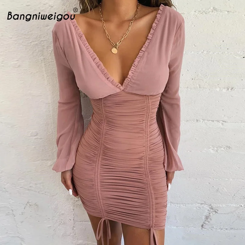 

Bangniweigou прозрачное Бандажное платье с пузырьковым рукавом и глубоким V-образным вырезом с рюшами Розовое женское вечернее мини-платье