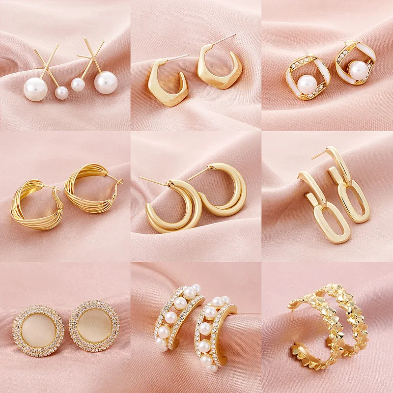 

10 Pais Mix Shape Matte Gold Color Earrings Fashion Jewelry Earrings Fashion Women Jewelry