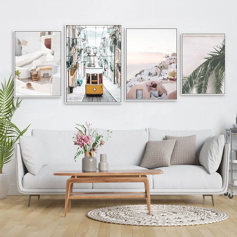 

Wall Art Print Pictures Nordic Pink Building Landscape Canvas Poster Yellow Bus Plant Leaves Scandinavian Living Room Decoration