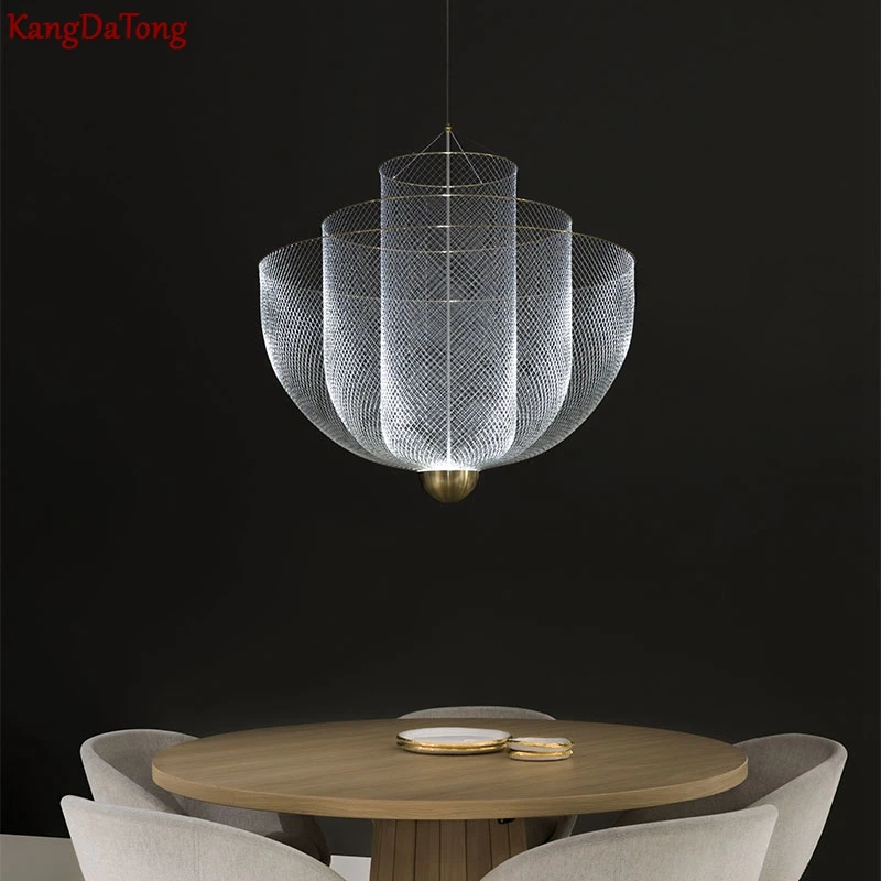 

Designer Golden Grid Led Chandelier Postmodern Metal Gilt Modeling Living Room Bedroom Art Eye Protection Decorative Lamp