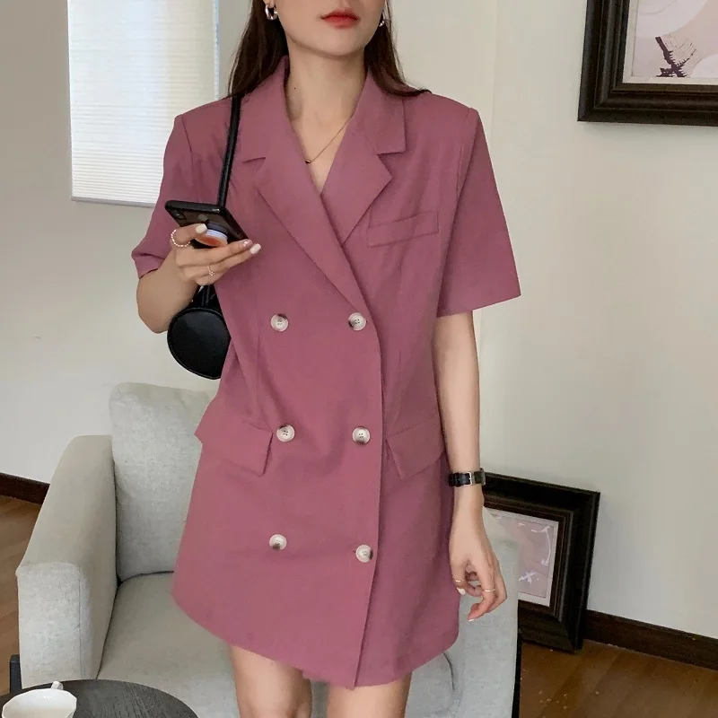 

2021 Summer French Lightly Cooked Cotton And Linen Lapel Suit Style Double Breasted Loose Thin Short V-Neck Dress Vestidos