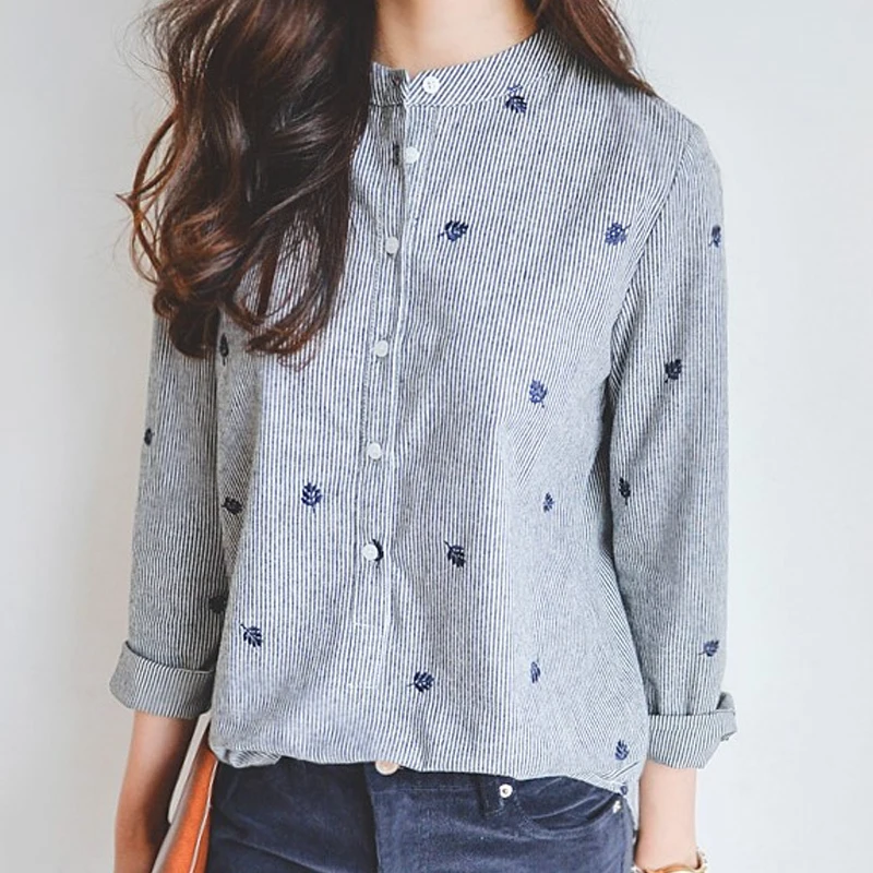 Мода Новый 2019 г. серый Женская блузка в полоску рубашка с длинным листьев рукавом