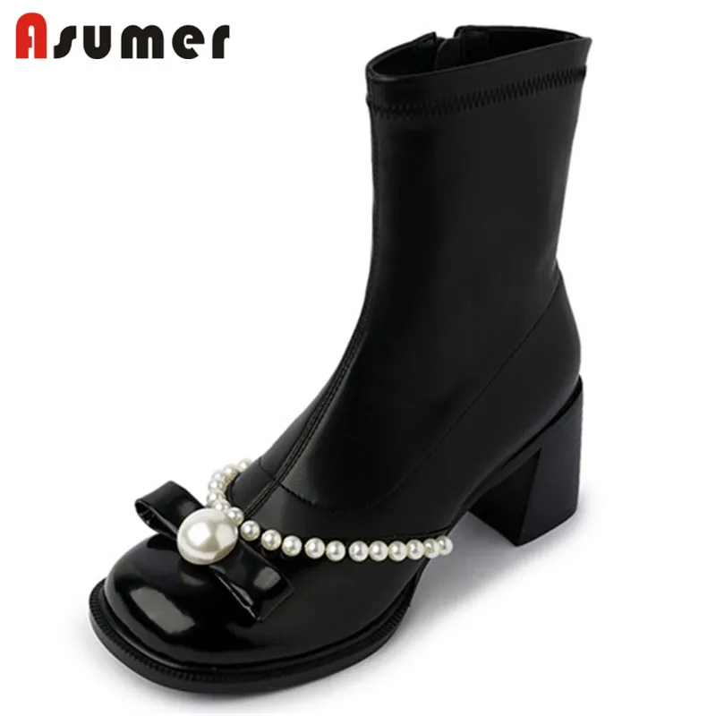 

Asumer 2021 Hot Sale Sweet Pearl Ankle Boots Women Black Genuine Leather Shoes Bowknot Thick Heels Comfortable Women Boots