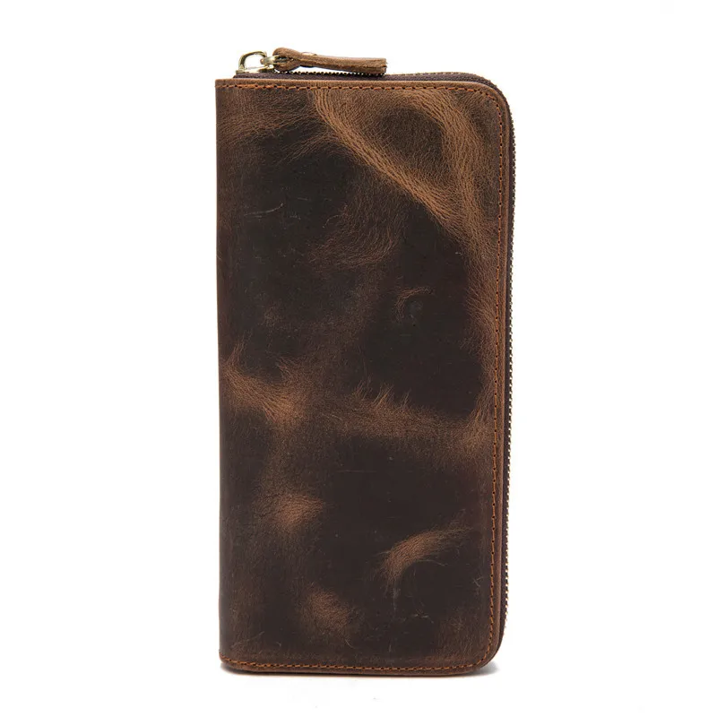 Genuine Leather Men's Long Wallet Vintage Card Holder Slim Passport  Clutch Money Bag Luxury Phone Box Zipper Poucht Coin Pocket