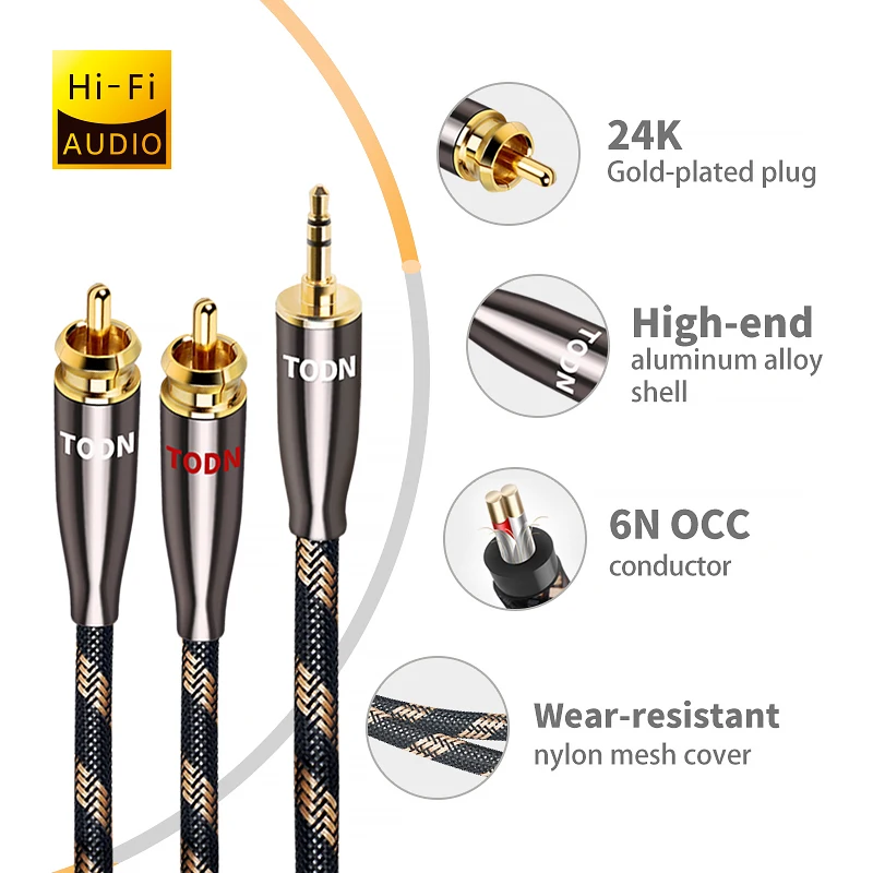 Кабель TODN RCA HiFi стерео 3 5 мм к 2RCA аудио кабель AUX разъем для усилителей домашнему