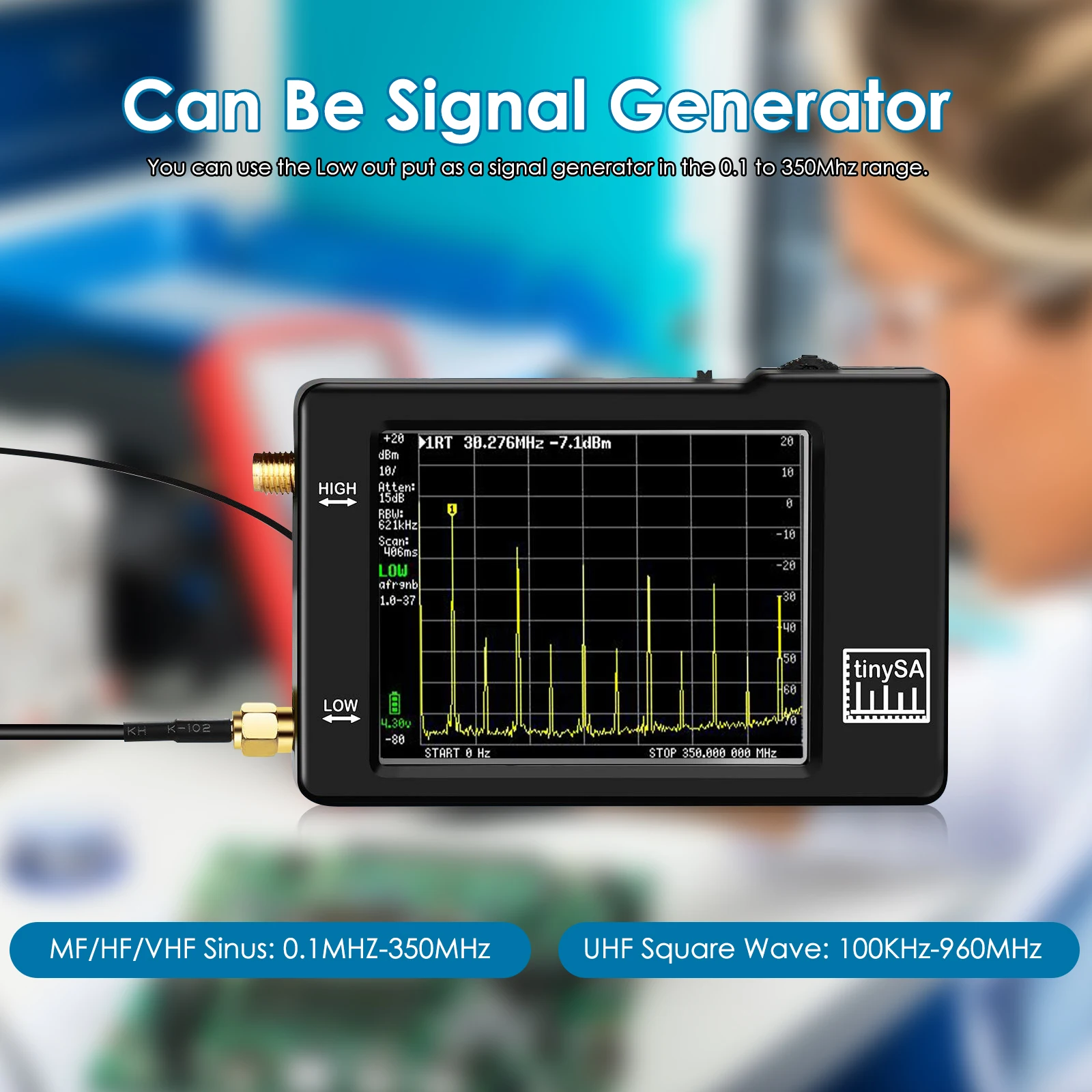 

Portable TinySA Spectrum Analyzer, 2.8 inch Touch Screen Handheld Tiny Frequency Analyzer 100kHz to 960MHz MF/HF/VHF UHF Input