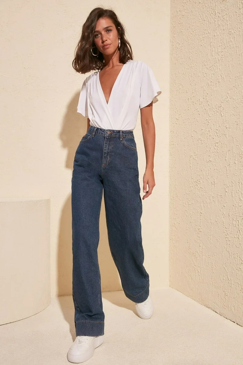 

Trendyol Trotting Detailed High Bel Wide Leg Jeans Wide Jeans Casual Denim Outerwear Blue Streetwear Vintage Pants
