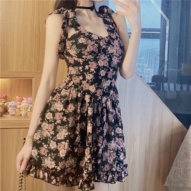 

Sexy One-piece Dress Korean Sleeveless Summer Vintage Dresses Females Floral Design Elegant Casual Women's Dresses Party 2021
