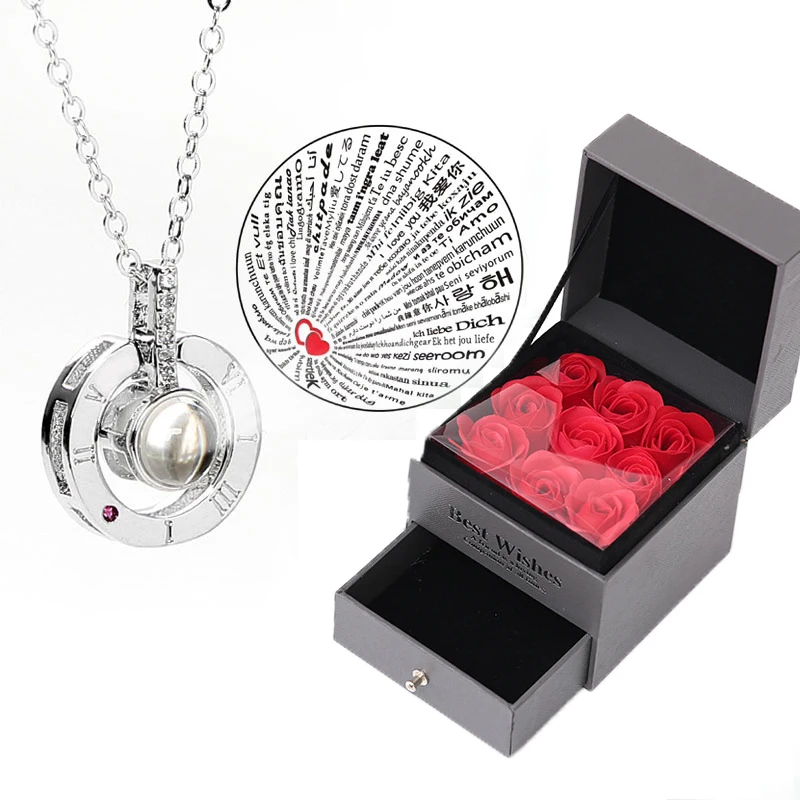 Seife Foam Red Rose Form Schmuck Box 100 Sprachen ICH Liebe Sie Halskette Seltsame Geschenk für Liebe Freundin