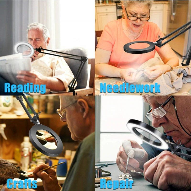 

Foldable Professional 5X Magnifying Glass Desk Lamp Magnifier LED Light Reading Lamp With Three Dimming Modes With Swivel Arm