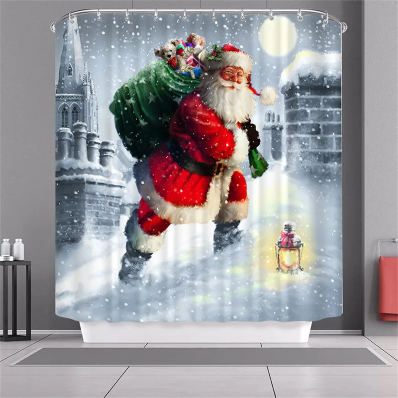 

Christmas Shower Curtain Lighted Printed Happy New Year Santa Claus Red Waterproof Polyester Bathroom Screen Shower Home Decor