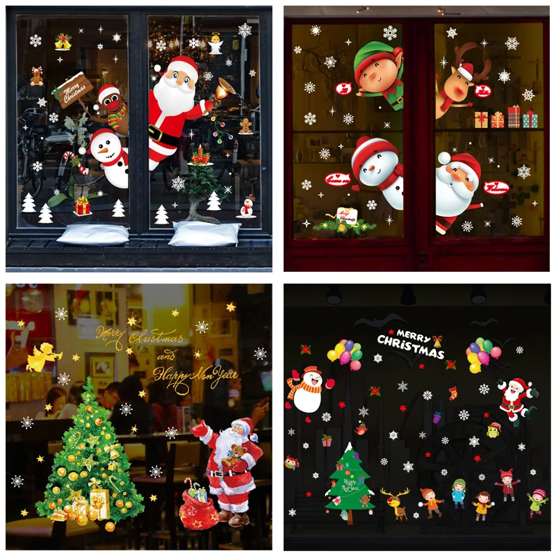 Мультяшные рождественские наклейки для окна витрины съемные Санта Клаус