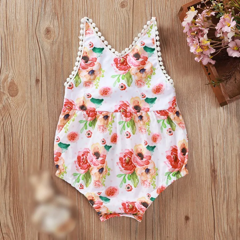 

New Baby Summer Clothing Backless Sleeveless Bodysuit Toddler Kids Baby Girls Floral V-neck Jumpsuits Sunsuit Outfits Set
