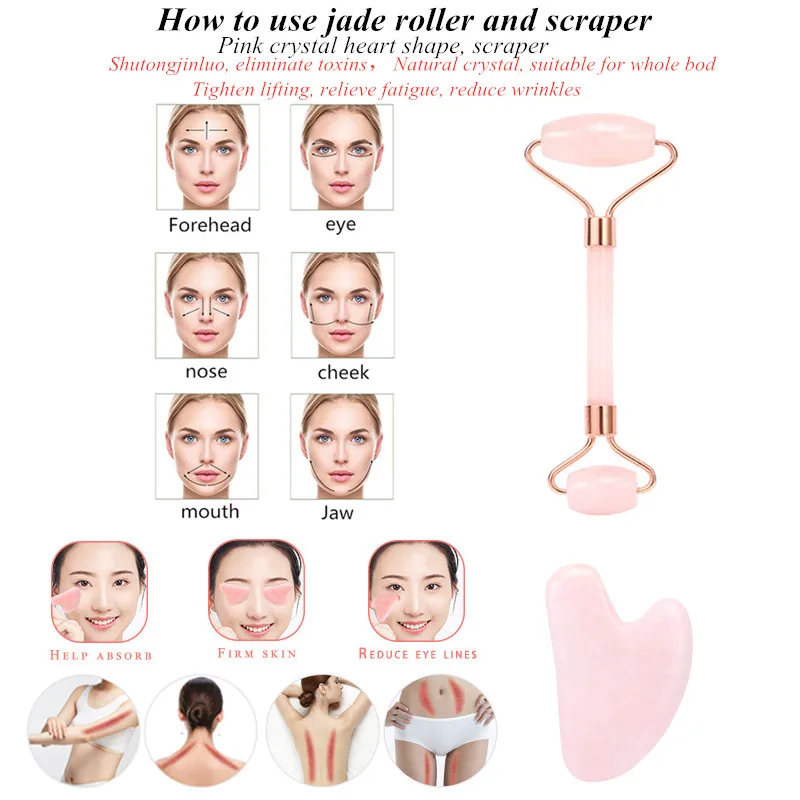 

Rose Quartz Roller Facial Massager Powder Crystal Roller Jade Roller Scraper Mask Brush Three-piece Beauty Face-lifting Tool