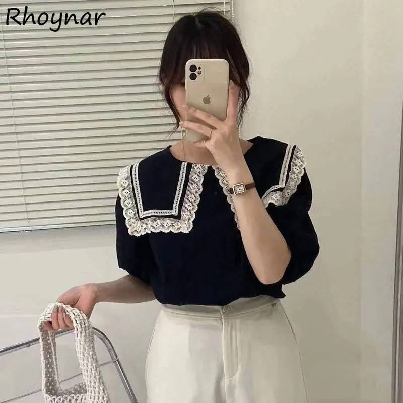 

T-shirt Women Student Sailor Collar Lace Patchwork Trendy Half Sleeve Female Simple All-match Leisure Korean Style Elegant Cozy