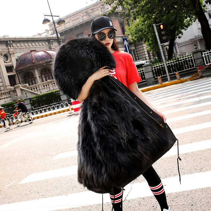 Women Real Fox Fur Coat Winter Natural Fur Jacket Large Raccoon Fur Collar Hooded Outerwear Fashion Streetwear Detachable Warm