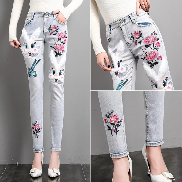 

Light Blue Jeans Women 2019 Spring Autumn New Embroidered Cartoon Rabbit Slim Fashion Pencil Pants Calsas Jeans Feminina