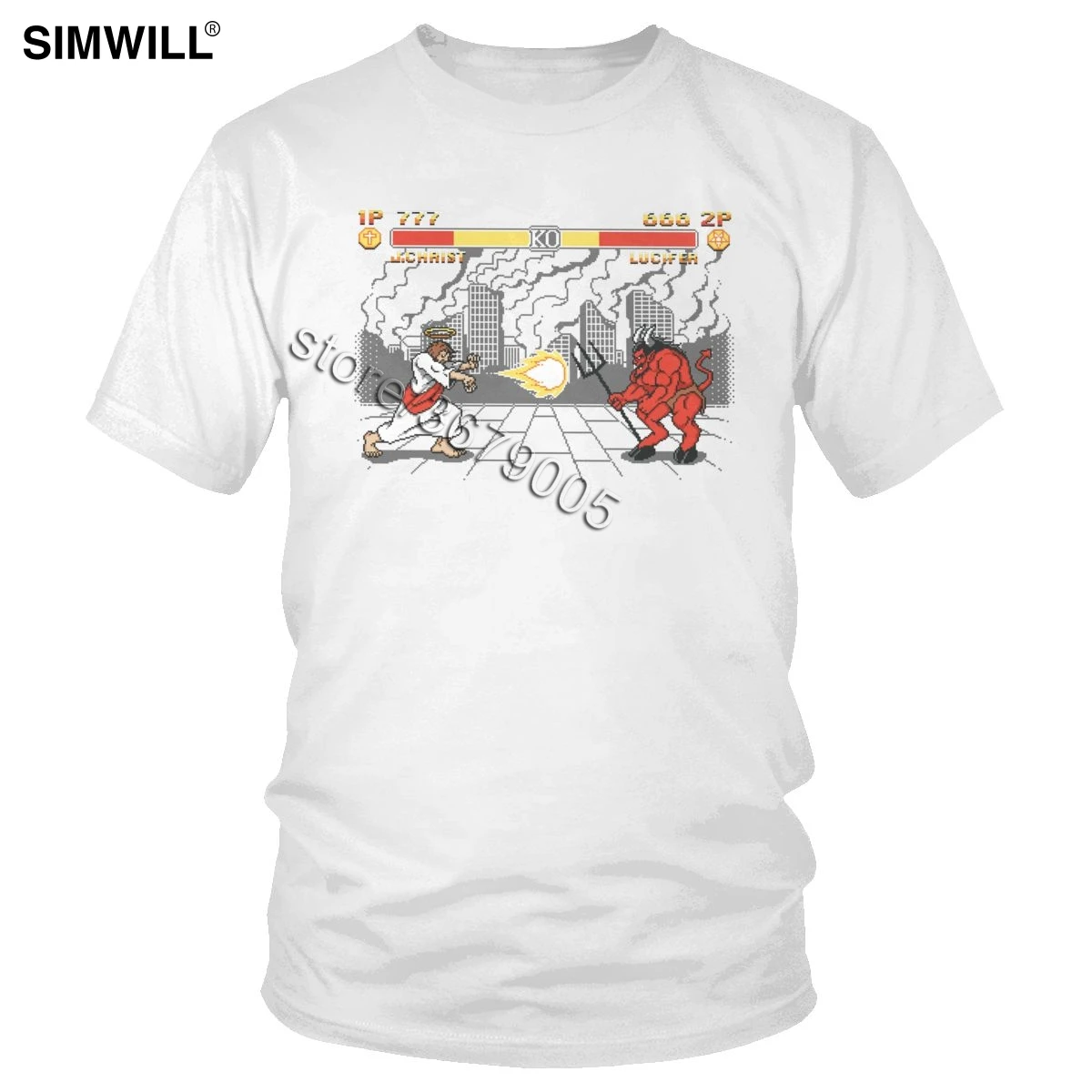 

Funny Jesus VS Satan Devil Tee Men's Cotton The Final Battle Hell Game Tshirt Short Sleeves O Neck T-Shirt Urban Fashion T Shirt