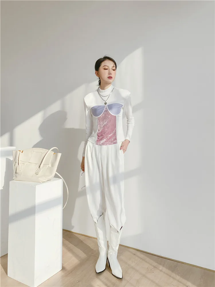 

Women's t-shirts Contrasting color stitching plus size New Long Sleeve Loose Fit Fashion Tide Spring 2021 A016-A