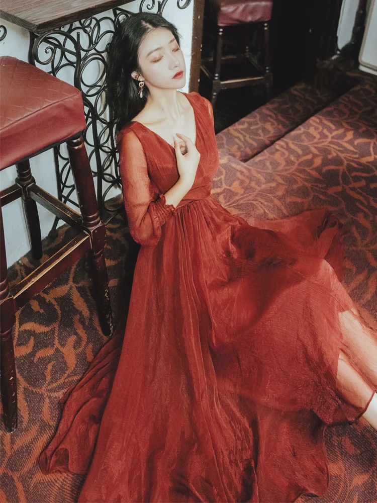 Женское длинное платье с рукавами фонариками элегантное винтажное шелковое из