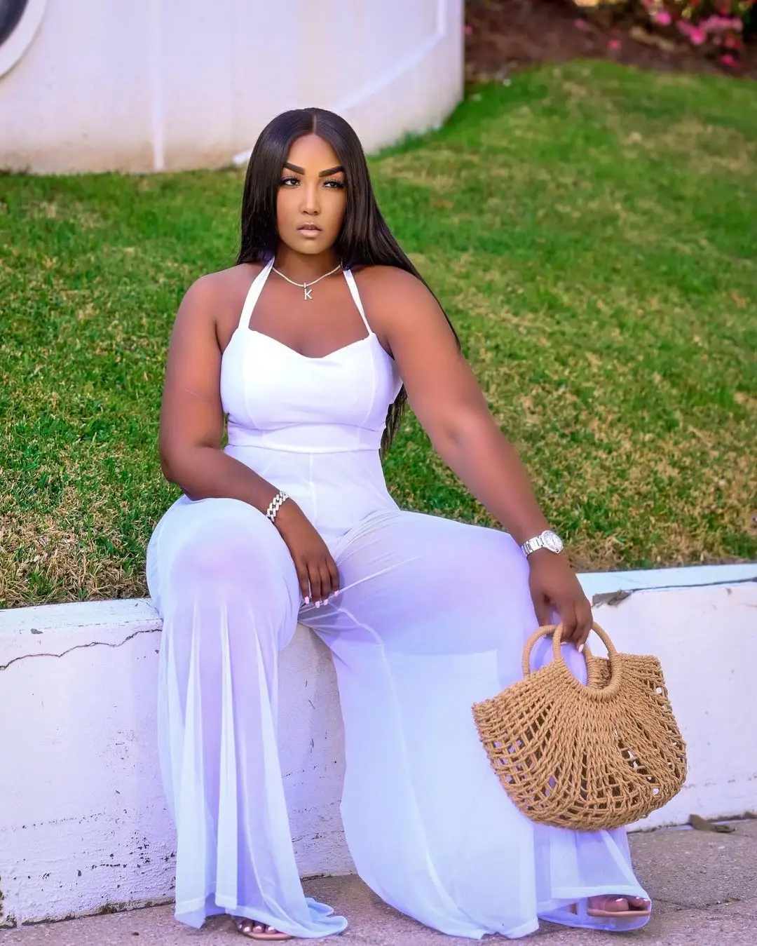 

Solid Color Women's Clothing Sexy Sleeveless Mesh Double Layer Personality Halter Neck Lace High Street Loose Wide Leg Jumpsuit