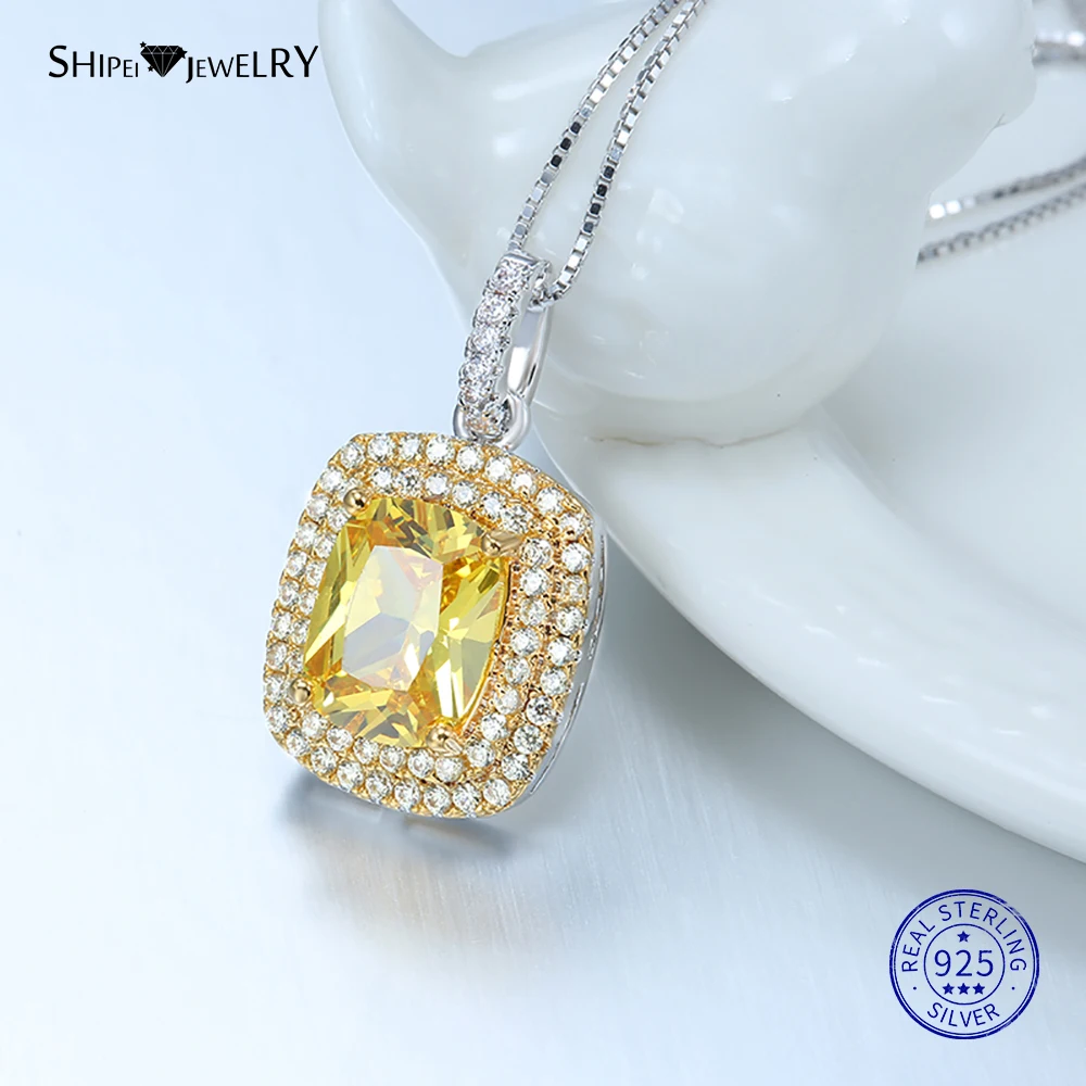 Shipei, 925 пробы, серебряные ювелирные изделия, набор, роскошный, желтый сапфир, квадратные висячие серьги, подвеска, ожерелье, кольцо для женщин
