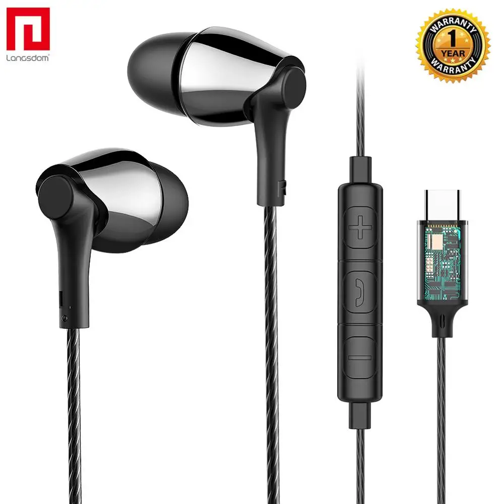 Langsdom Новый usb type C наушники для телефона Xiaomi с микрофоном в ухо Hifi бас гарнитура
