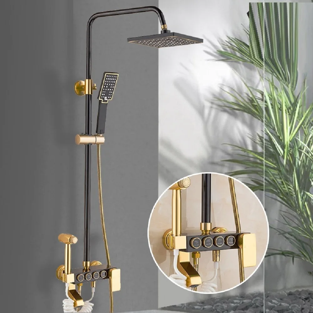 

Black Gold Shower Faucet Set Space Aluminum Rainfall Bathroom Mixer With Bidet Hot Cold Water Mixer Tap Home Decor Accessories