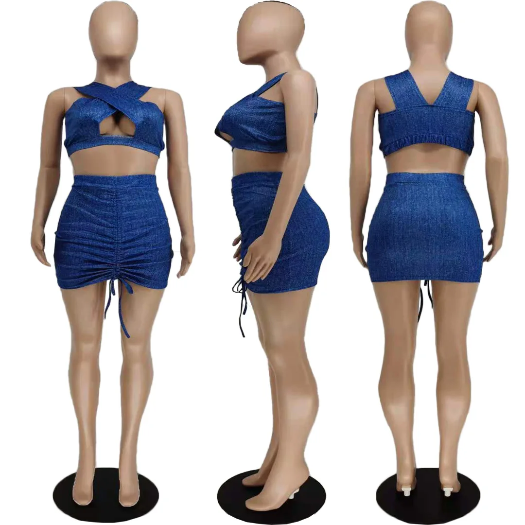 

Denim Color Wrap Crop Top Hollow Out Backless Sexy Skinny Mini Skirt Set Pleated Drawsting Skirt Party Club Outfits Hot