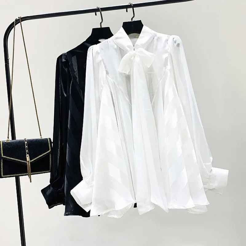 

Womens Tops and Blouses New Korean Tie-up Pure-color Shirts Girls Ladies Lantern Sleeve Bow Collar Shirt Blouse Tops Blusas