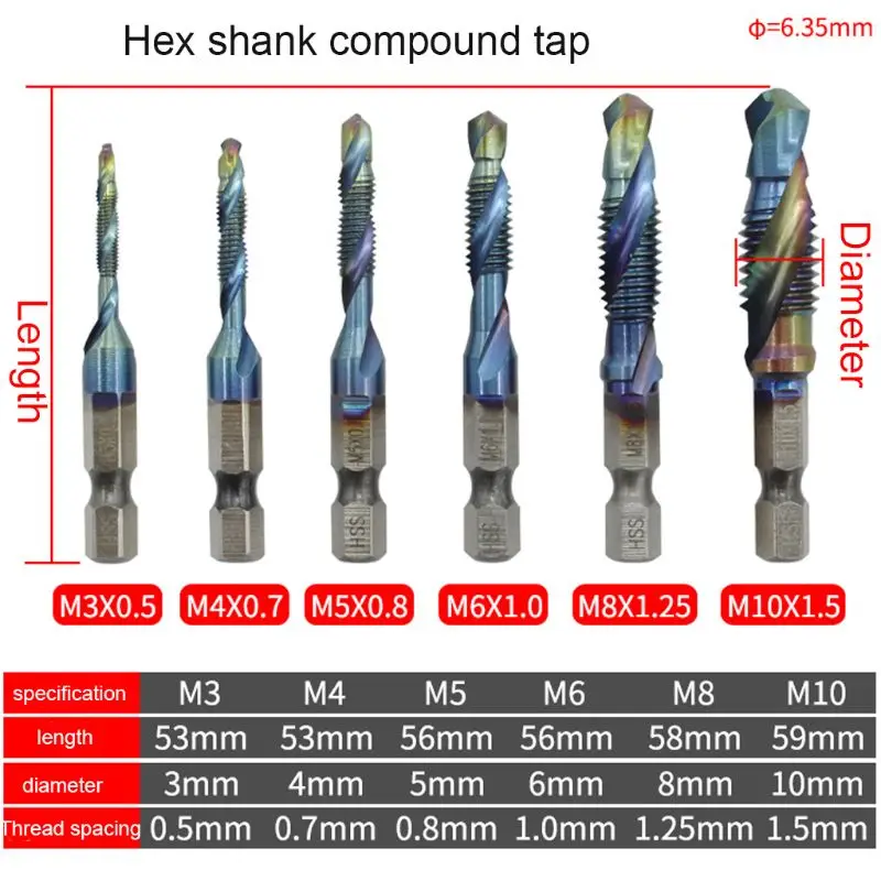 

P9YB 6 Pcs Hex Shank Sets HSS Metric Thread Tap Hand Drill Bits Spiral Screw Trapezoidal Taps