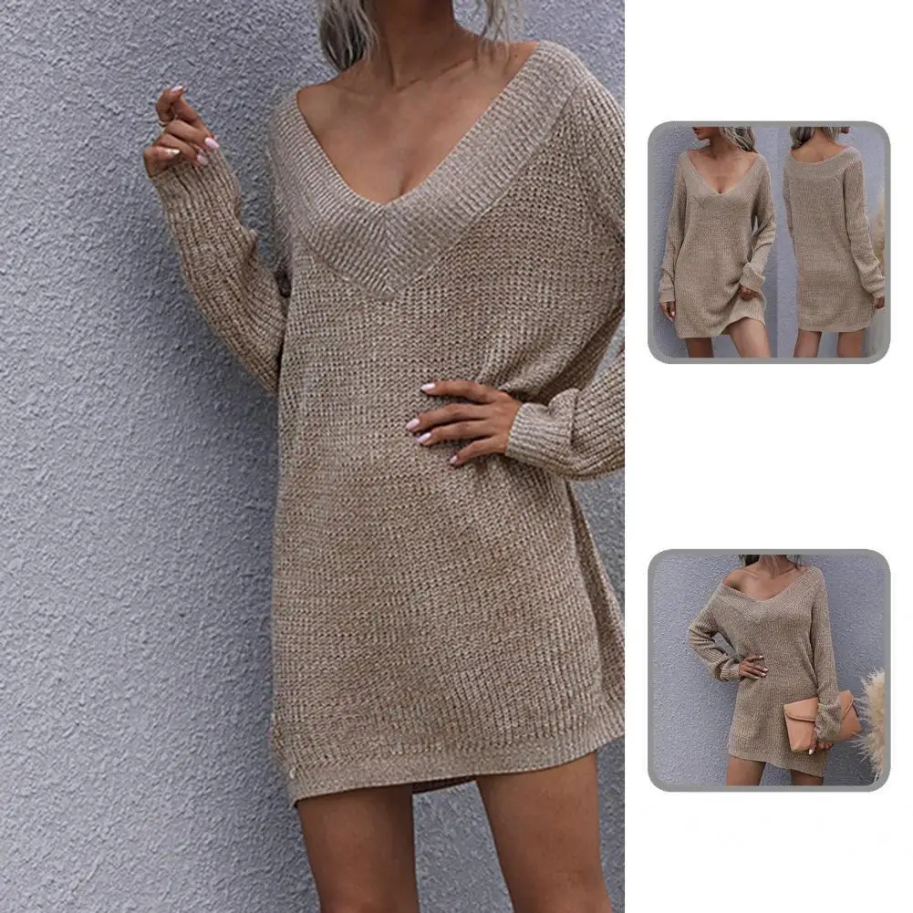 

Sweater Mini Dress Low Cut Trendy V-Neck Solid Color Sweater Mini Dress