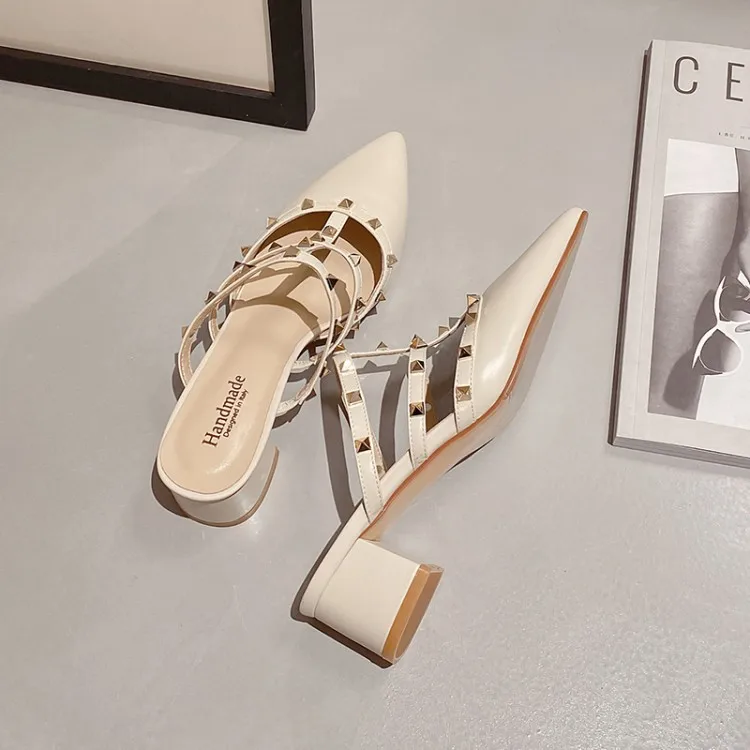 

MLJUESE 2021 Women Slippers Soft Cow Leather Rome style Rivets Summer Pointed toe Apricot Color High Heels Sandals Party