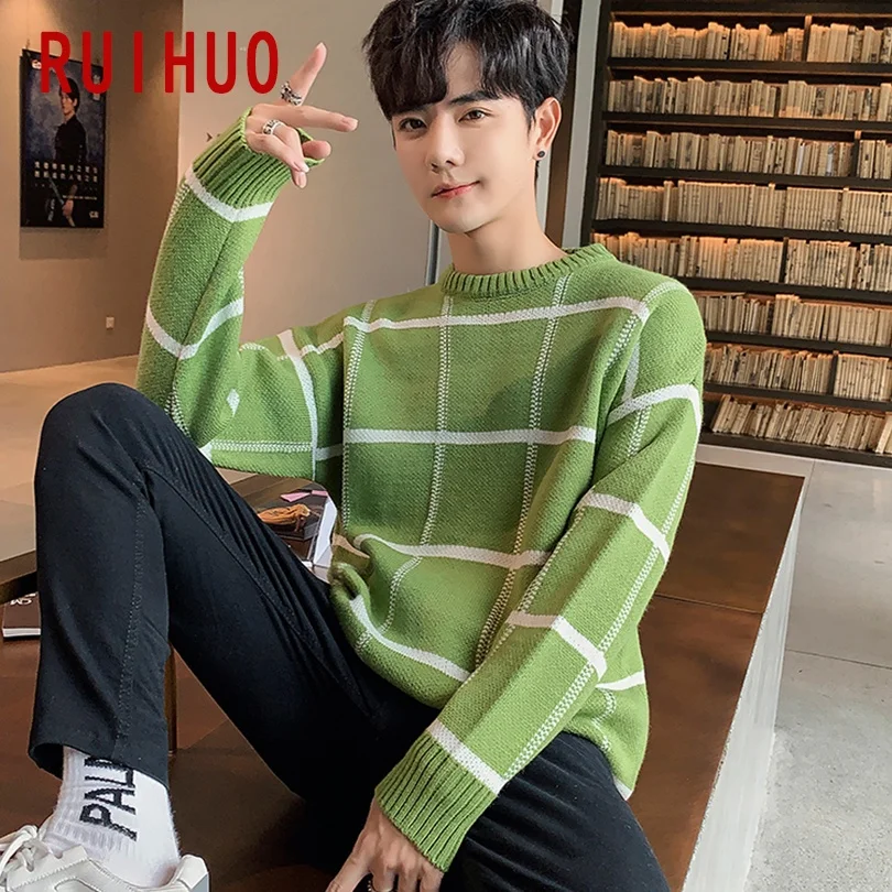 RUIHUO 2021 новый весенний клетчатый свитер для повседневной носки мужчин Slim Fit