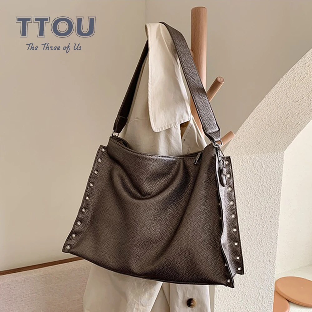 Осенняя Женская Сумка Хобо с заклепками большая женская сумка через плечо