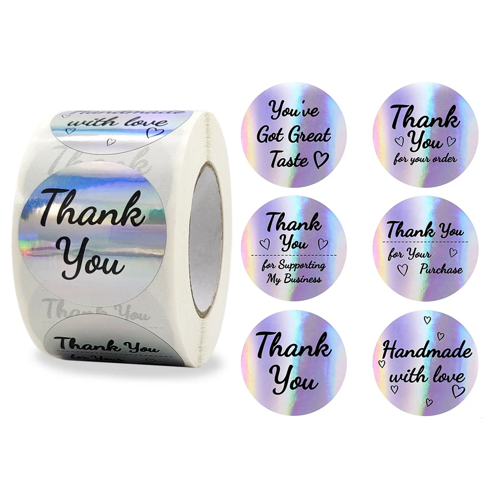 

500 Pieces Thank You Business Stickers Roll Thank You Labels Stickers Laser Holographic Rainbow Sticker for Package Decoration