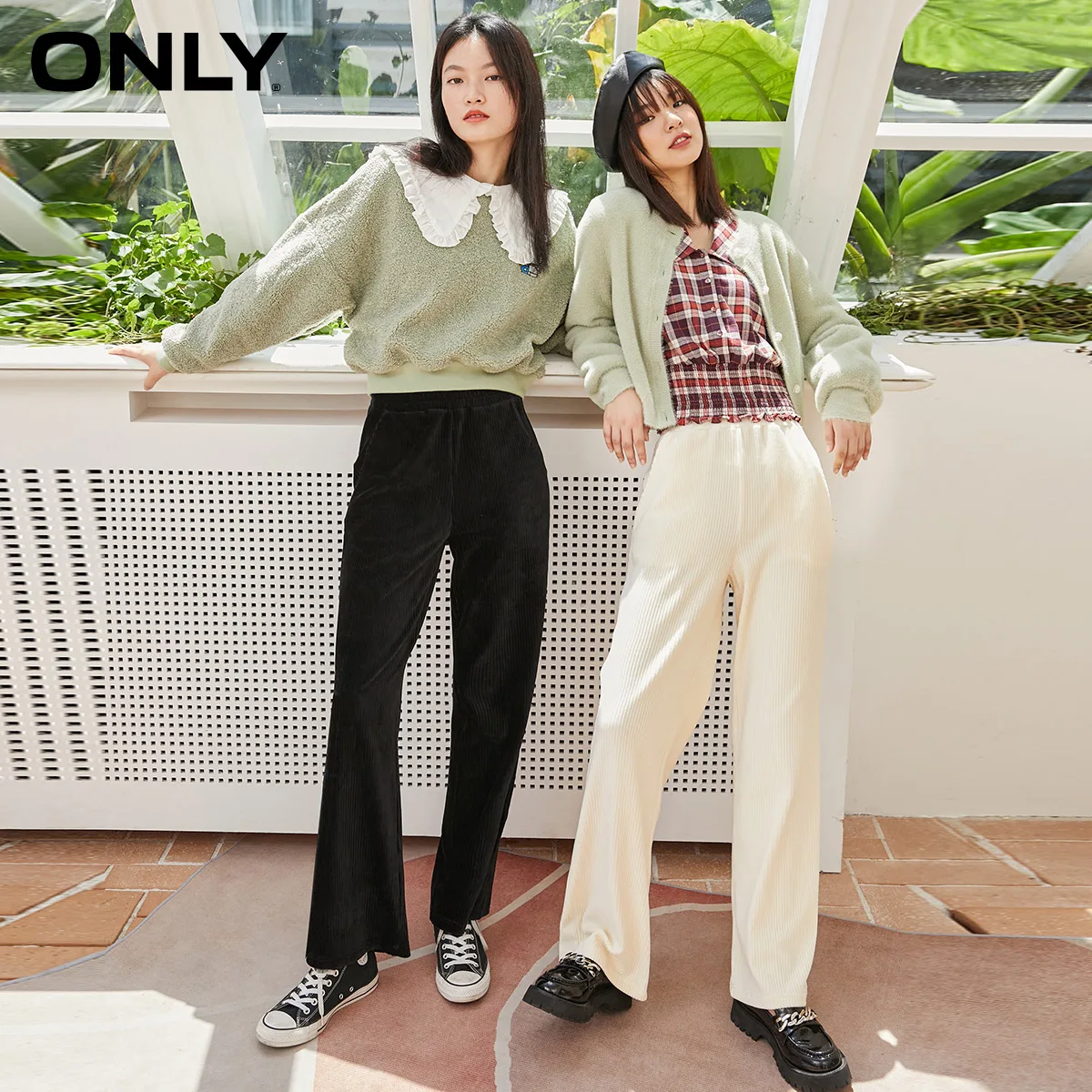 ONLY2020 winter new fashion solid color striped straight long casual pants women | 120474004
