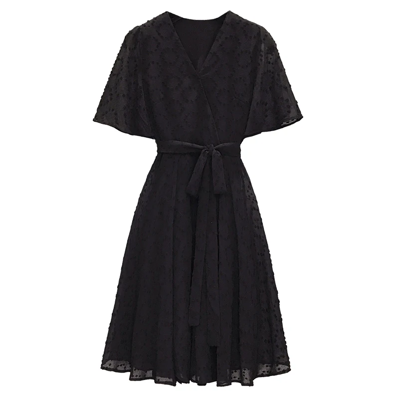 

Plus size office ladies elegant black midi dress Summer short sleeve high waist A-line vestidos female korean casual dresses 4XL