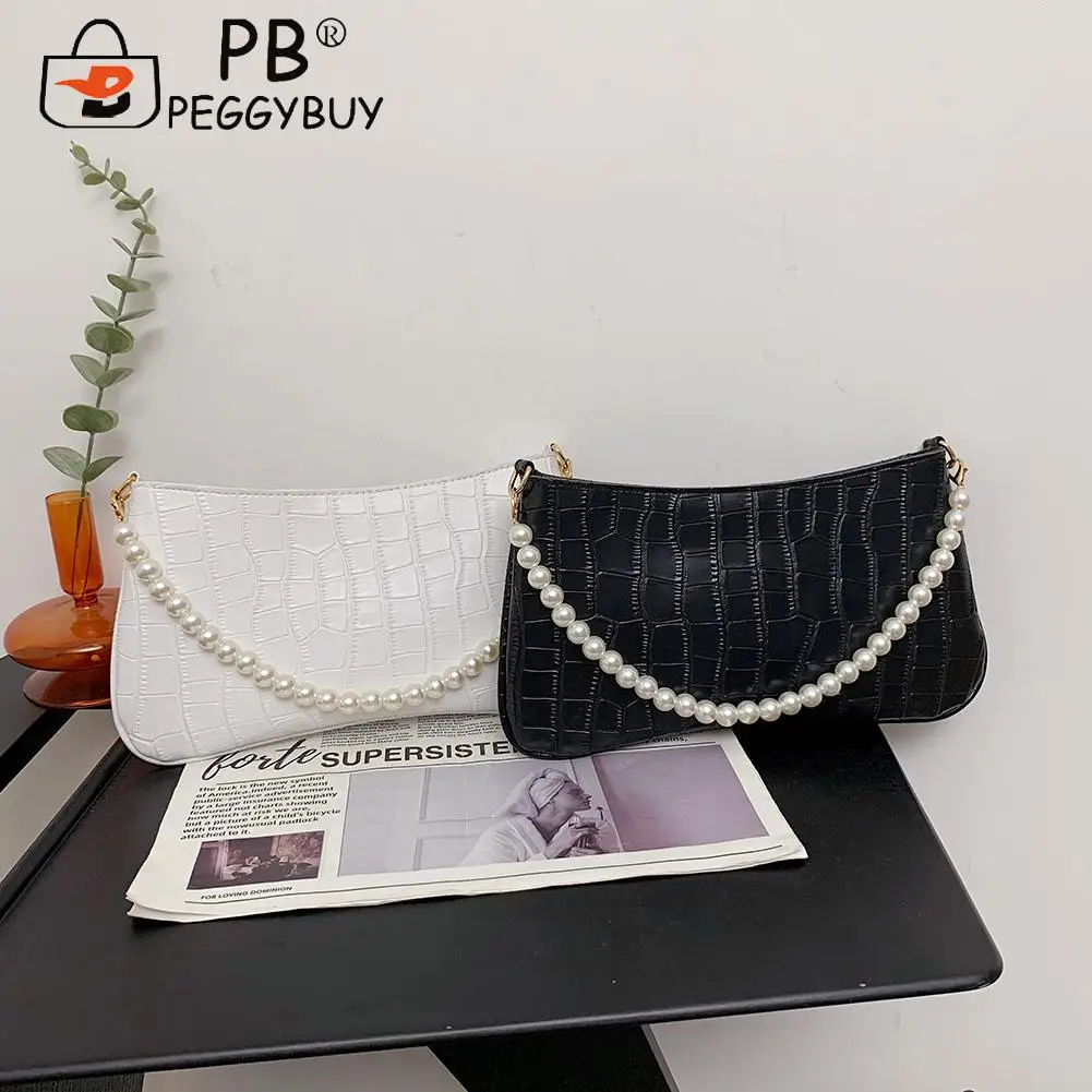 

Повседневная женская сумка под подмышки с крокодиловым узором, маленькие сумочки из искусственной кожи с жемчужной цепочкой, однотонные су...