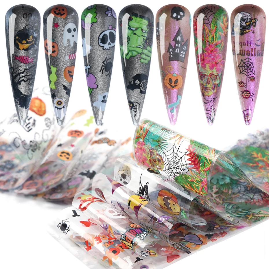 10 шт. переводная Фольга для Хэллоуина наклейка ногтей череп тыква кошка