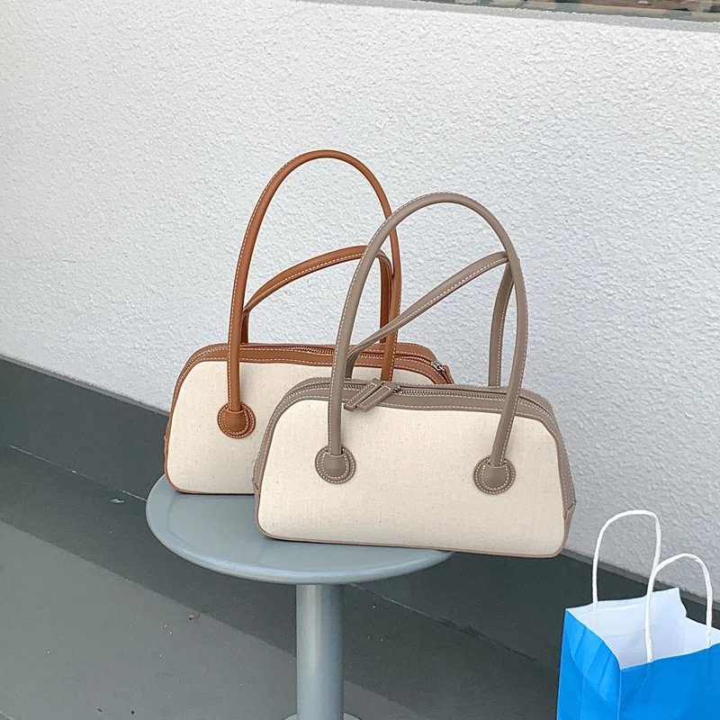 

2021 New Zipper Women's Bag Top Handle Handbags Canvas PU Leather Female Pillow Bag Ladies Small Shoulder Bags Whole Sale
