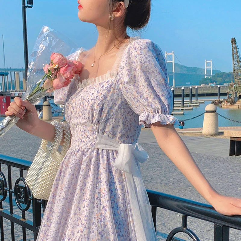 

French Flower Fairy Dresses Women Casual Korean Style Evening Party Dress Bandage Design Puffer Sleeve Vintage Midi Dress Kawaii