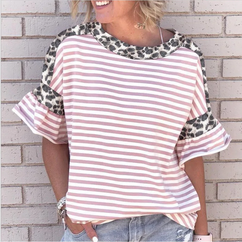 

Leopard Patchwork Striped Short Sleeve Loose Summer T Shirt Women Cotton O Neck Casual Tee Shirt Femme Vintage Oversized Tops